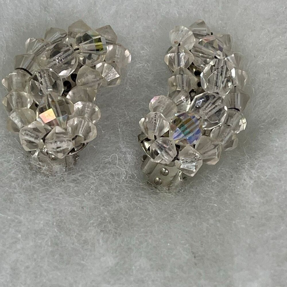 Midcentury vintage crescent AB climber clip style earrings.